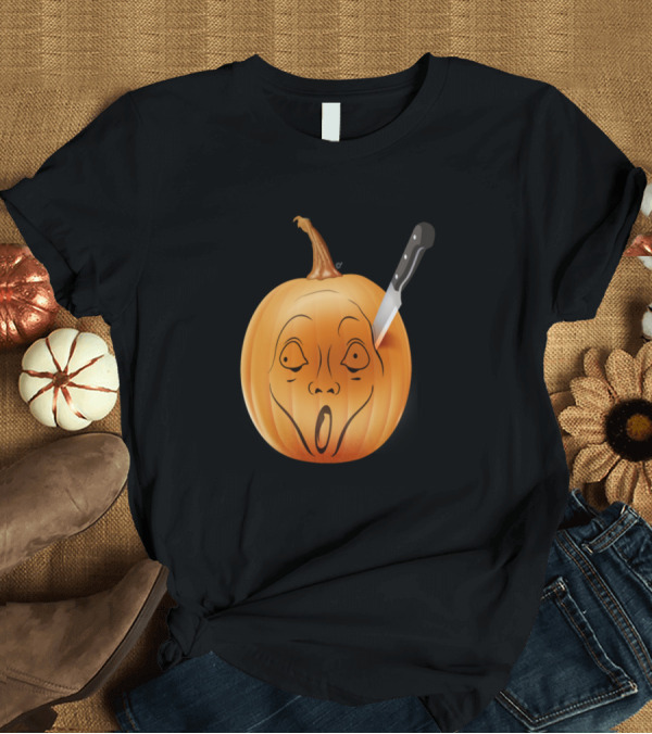T-Shirt: Horror Icon Scream Face Pumpkin with Knife Halloween T-Shirt Horror Icon Scream Face Pumpkin with Knife Halloween T-Shirt