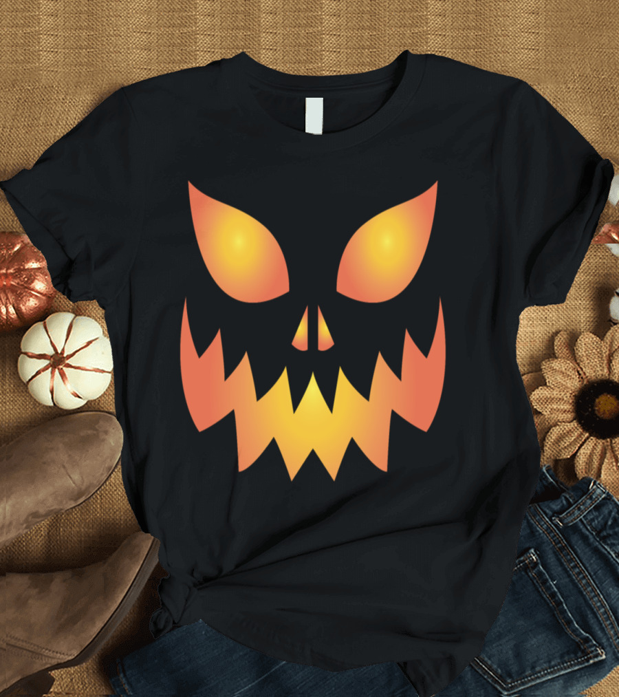 Scary Pumpkin Helloween Face Design Fierce Glowing Eyes and Jagged Grin T-Shirt