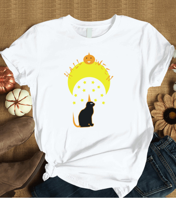 T-Shirt: Halloween Night Moon Cat Pumpkin Stars T-Shirt Halloween Night Moon Cat Pumpkin Stars T-Shirt