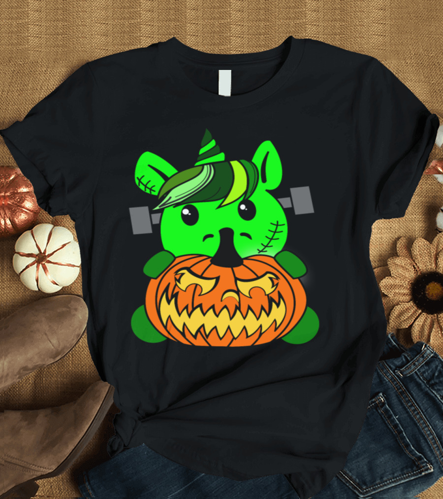 Frankenhorn Halloween Pumpkin Green Unicorn Creature with Stitch Marks and Spooky Expression T-Shirt