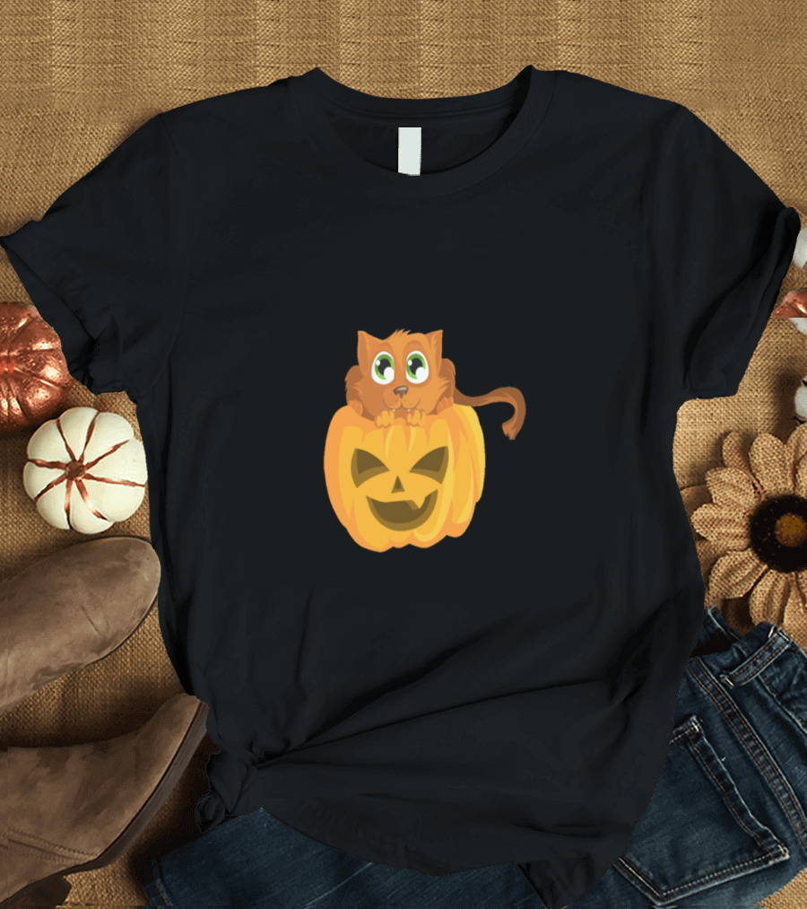 Cat and Jack-O'-Lantern Pumpkin T-Shirt