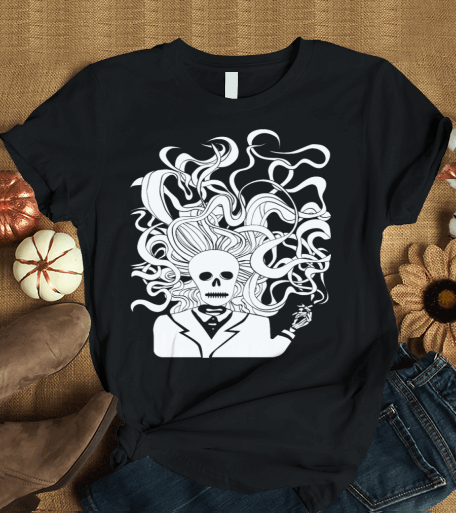 Smoking Skeleton Swirling Tendrils White T-Shirt