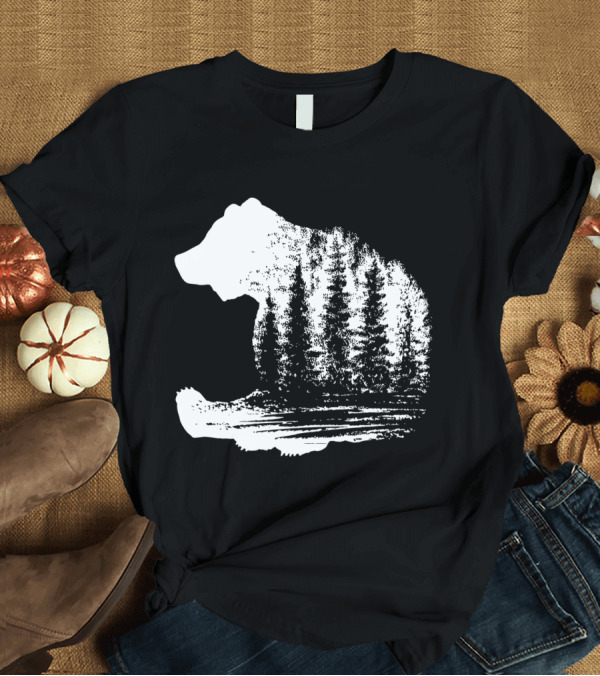 T-Shirt: Bear Silhouette with Forest Scene in Deep in Thought White T-Shirt Bear Silhouette with Forest Scene in Deep in Thought White T-Shirt