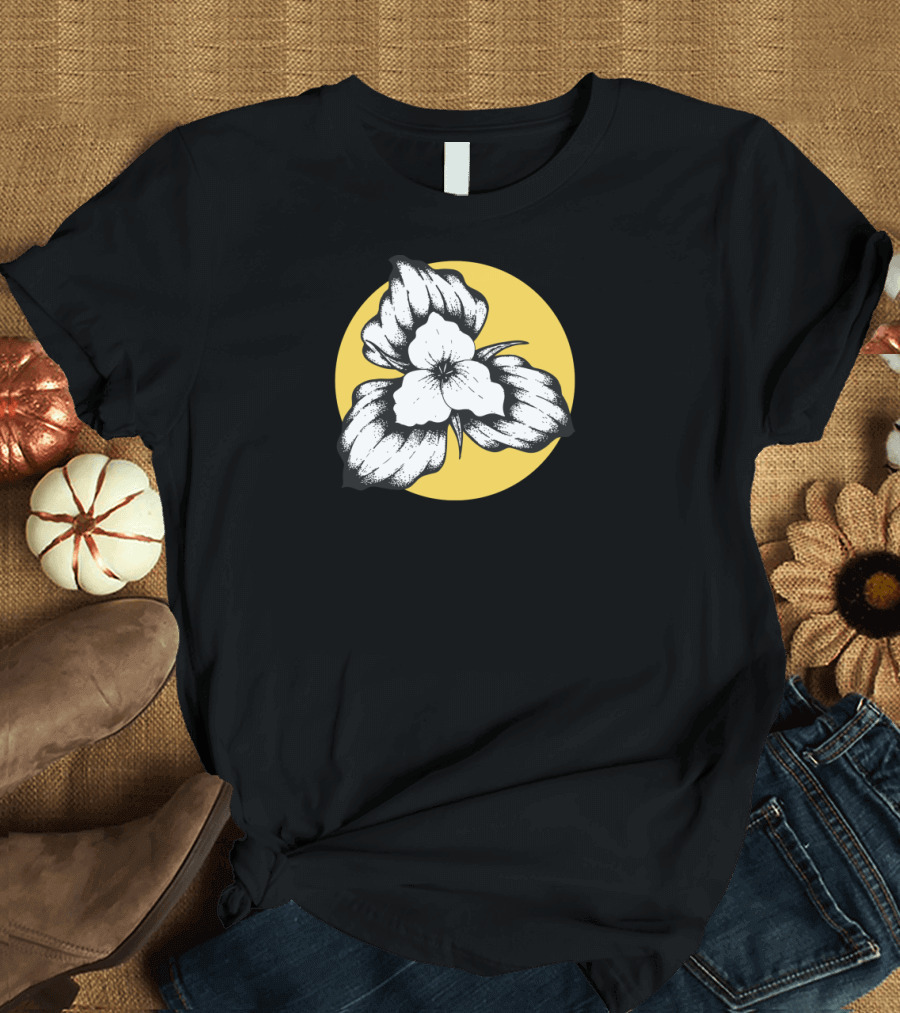 Trillium Floral Illustration on Yellow Circle Background T-Shirt