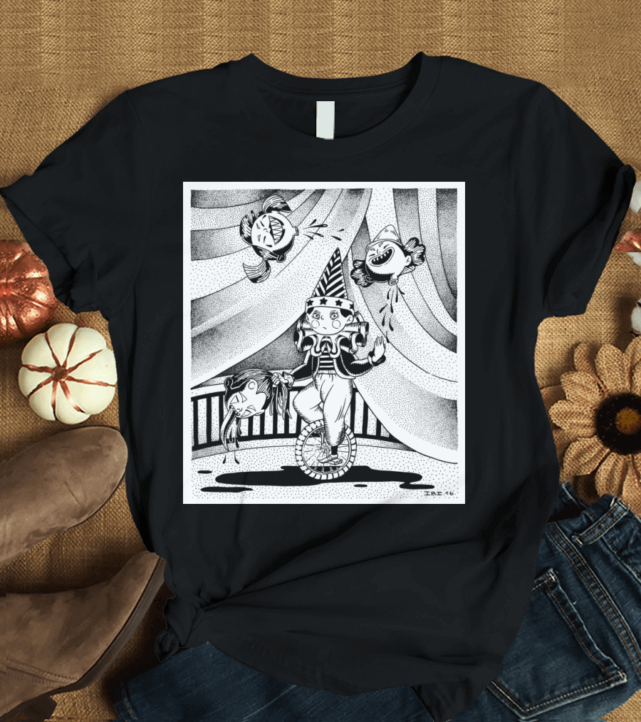 Juggling Clown on Unicycle with Circus Tent Curtains and Laughing Fish Balloons T-Shirt