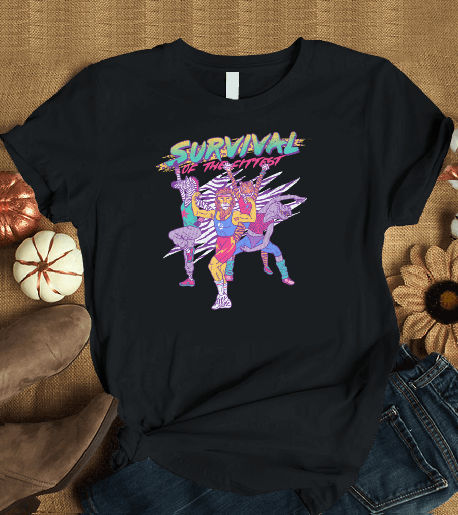 Survival Of The Fittest Retro Animal Fitness Warriors Neon T-Shirt