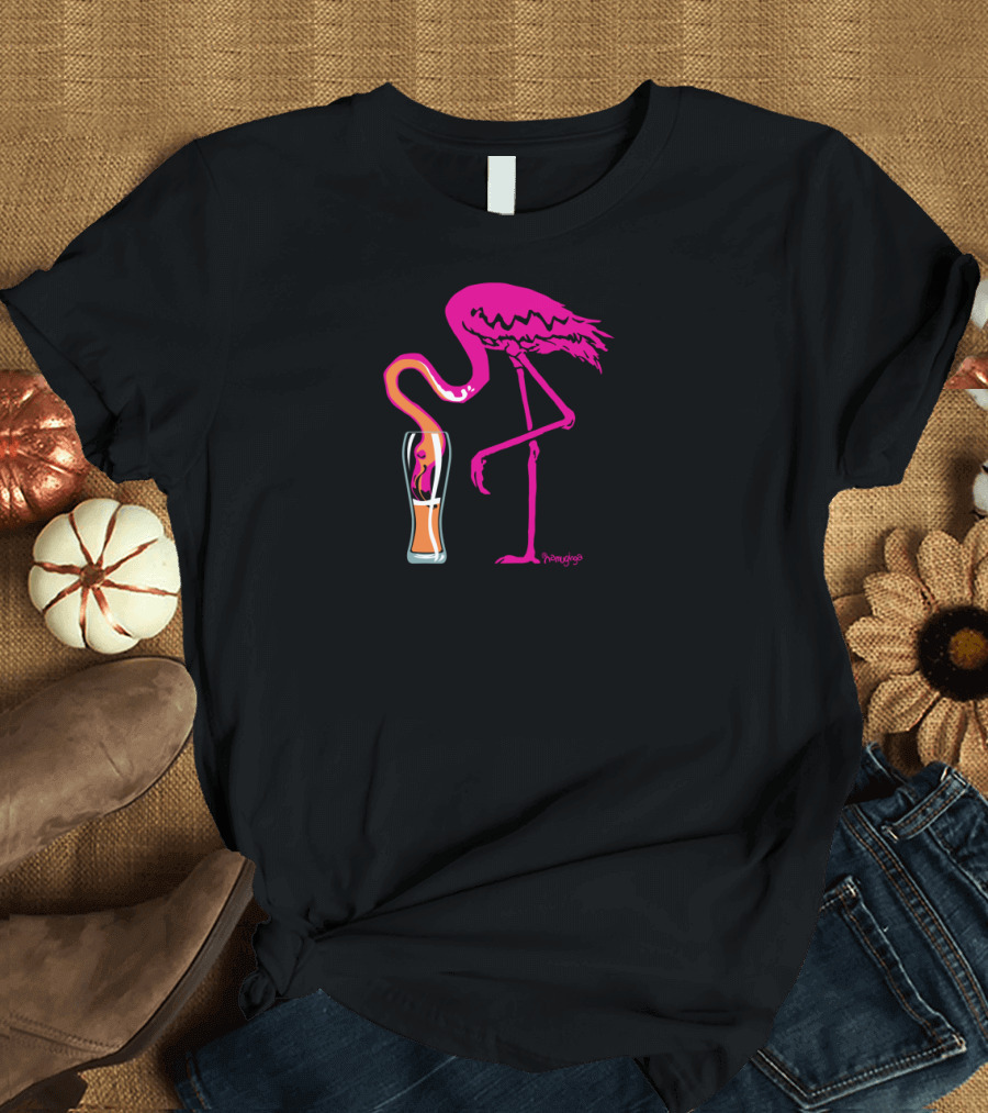 Flamingo Drinking from Glass Vibrant Pink and Orange Colorful T-Shirt