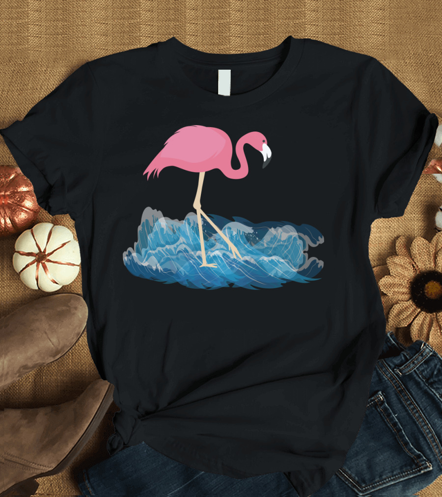 Flamingo Gliding Gracefully Over Ocean Waves T-Shirt