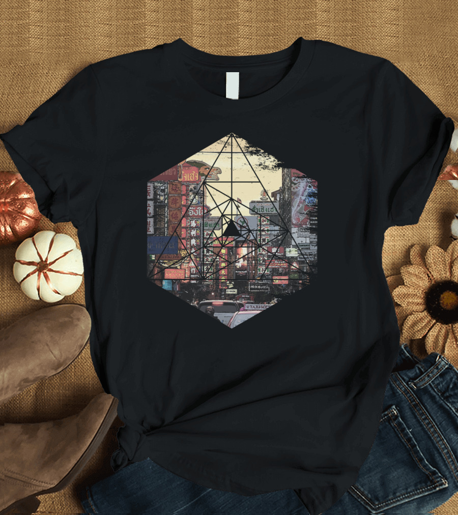 Retro Vintage Geometric Streets of Neon-Lit Chinatown Asia T-Shirt