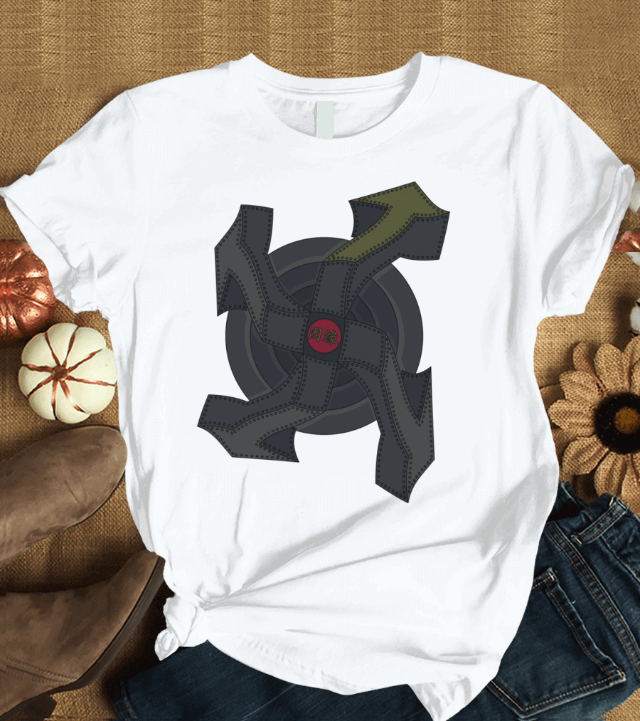 Karma Symbol with Arrows and Asian Characters on Dark Gray Background T-Shirt
