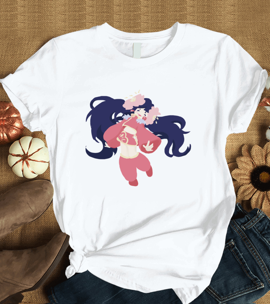 Peony Gal Anime Style Character with Pink Blossoms and Flowing Dark Hair T-Shirt
