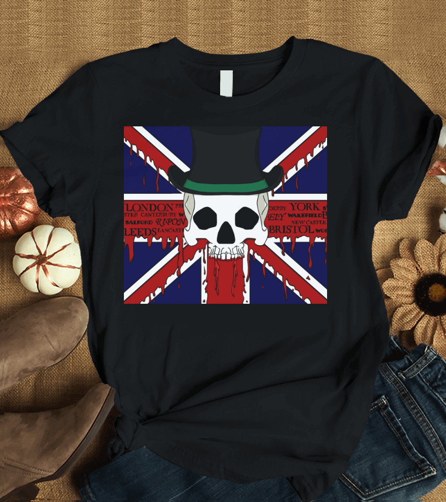 Union Jack Skull with Top Hat and Dripping Blood Featuring London York Derby Bristol T-Shirt