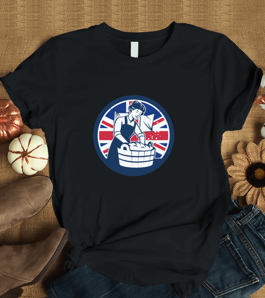 British Laundry Union Jack Flag Icon with Woman Washing Basket T-Shirt