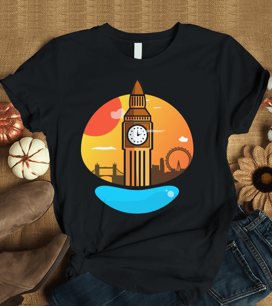 Big Ben Sunset Silhouette London Eye Tower Bridge Iconic Scene T-Shirt