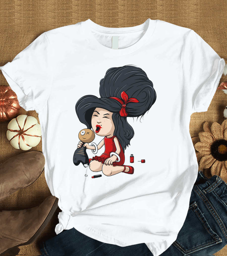 Rock Star Cartoon Character with Big Hair and Red Dress Holding Voodoo Doll T-Shirt