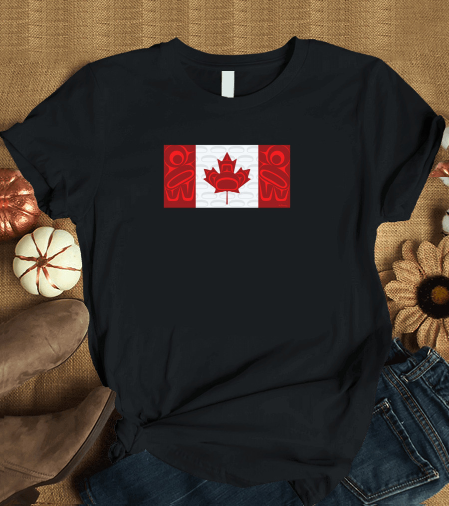 Native Canadian Flag with Indigenous Art Elements and Maple Leaf T-Shirt