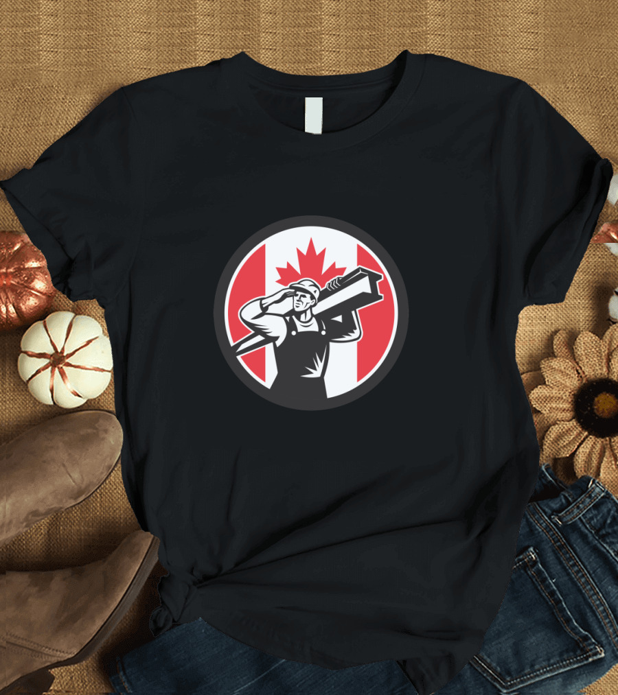 Canadian Construction Worker with Steel Beam Over Shoulder on Canada Flag Background T-Shirt