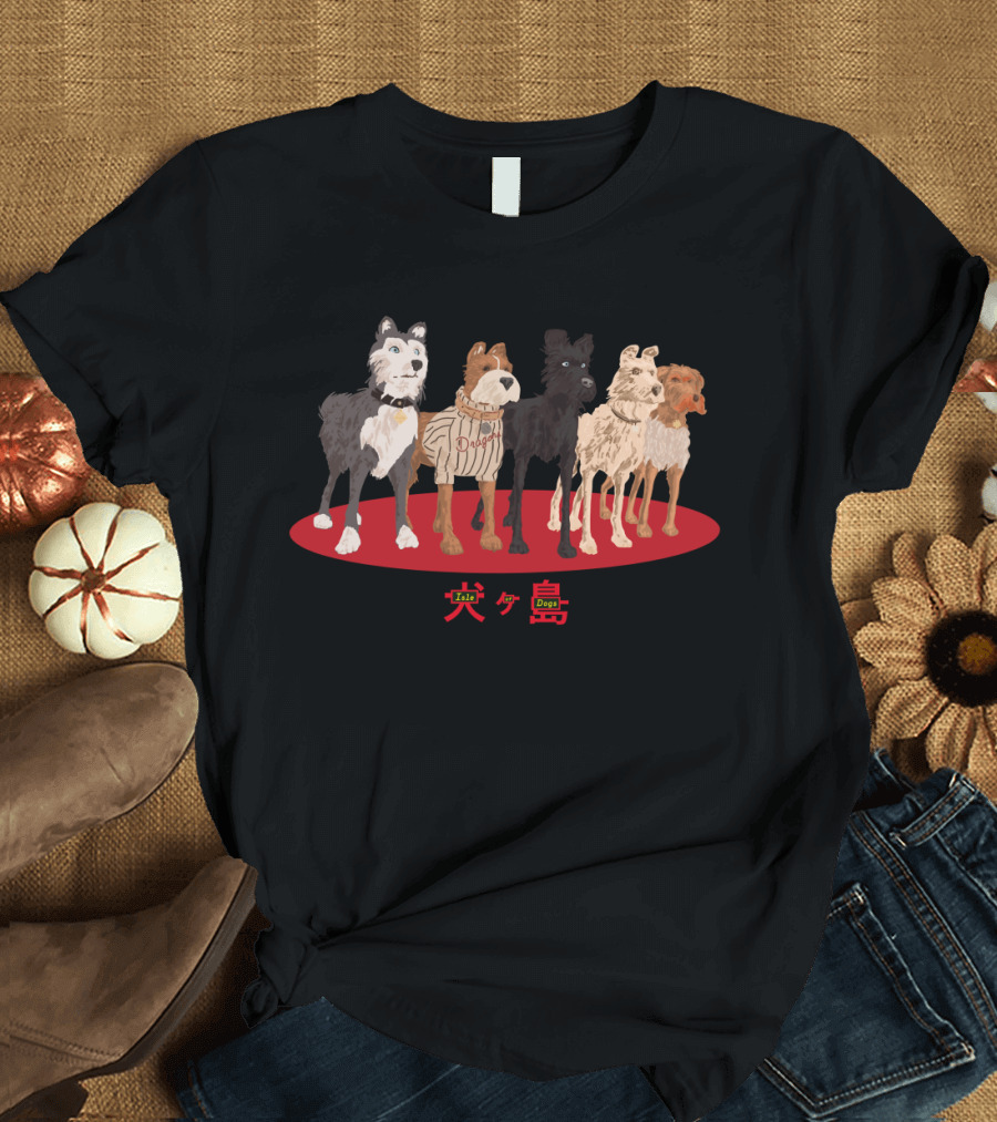 Isle of Dogs Movie Inspired Gang of Dogs Characters on Red Oval Background T-Shirt