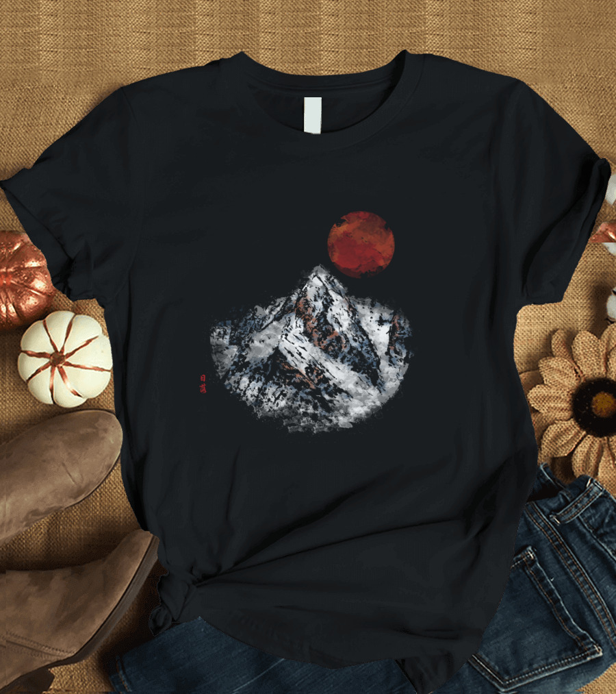 Sunset Over Snowy Rocky Mountain Peak with Red Sun and Asian Calligraphy T-Shirt