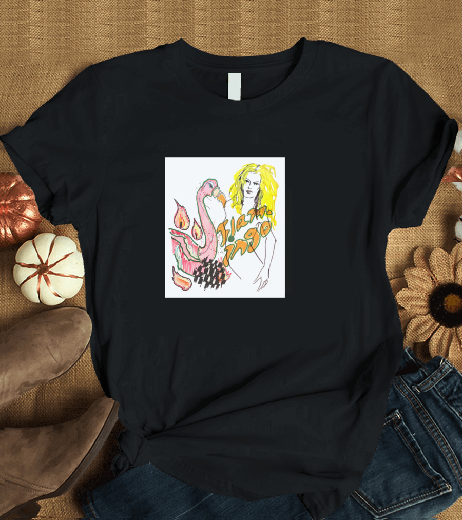 Flamingo and Flames with Yellow-Haired Person Sketch T-Shirt
