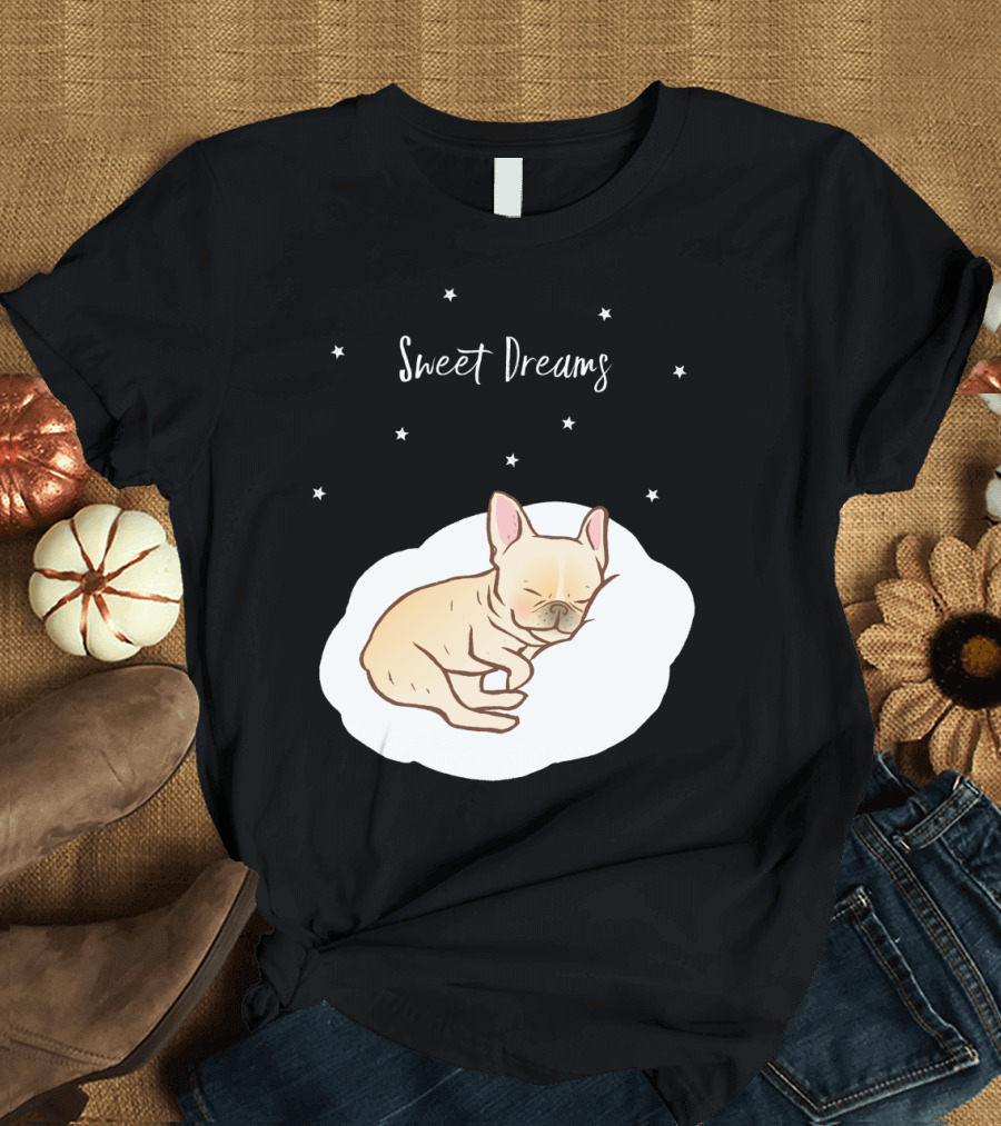Sweet Dreams Frenchie Puppy Sleeping on Cloud with Nighttime Stars T-Shirt
