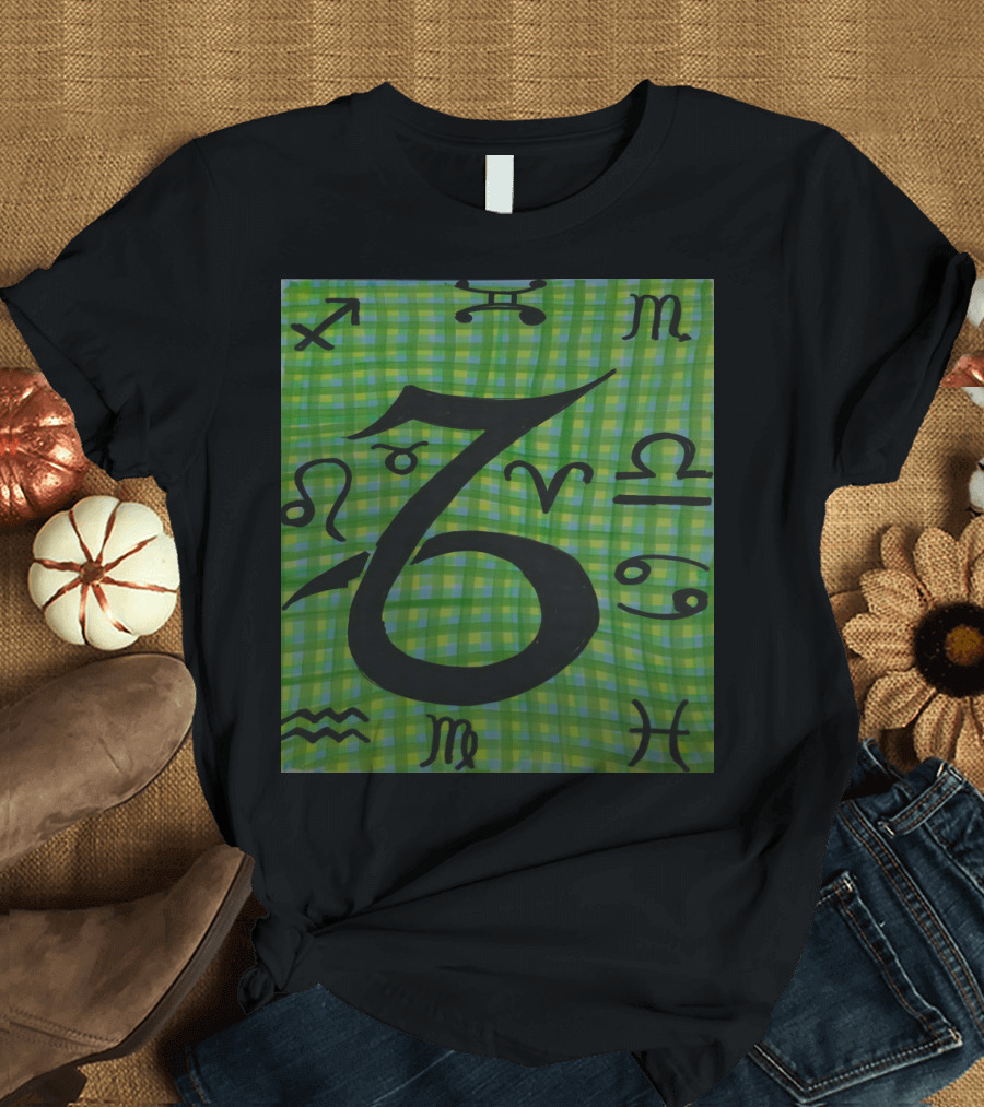 Capricorn Zodiac Symbols on Green Plaid Background with Horoscope Signs T-Shirt