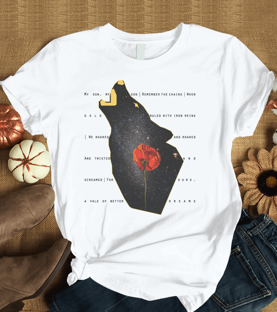 Omnis Vir Lupus Galaxy Wolf Silhouette with Red Poppy Flower and Cosmic Starry Night Sky T-Shirt