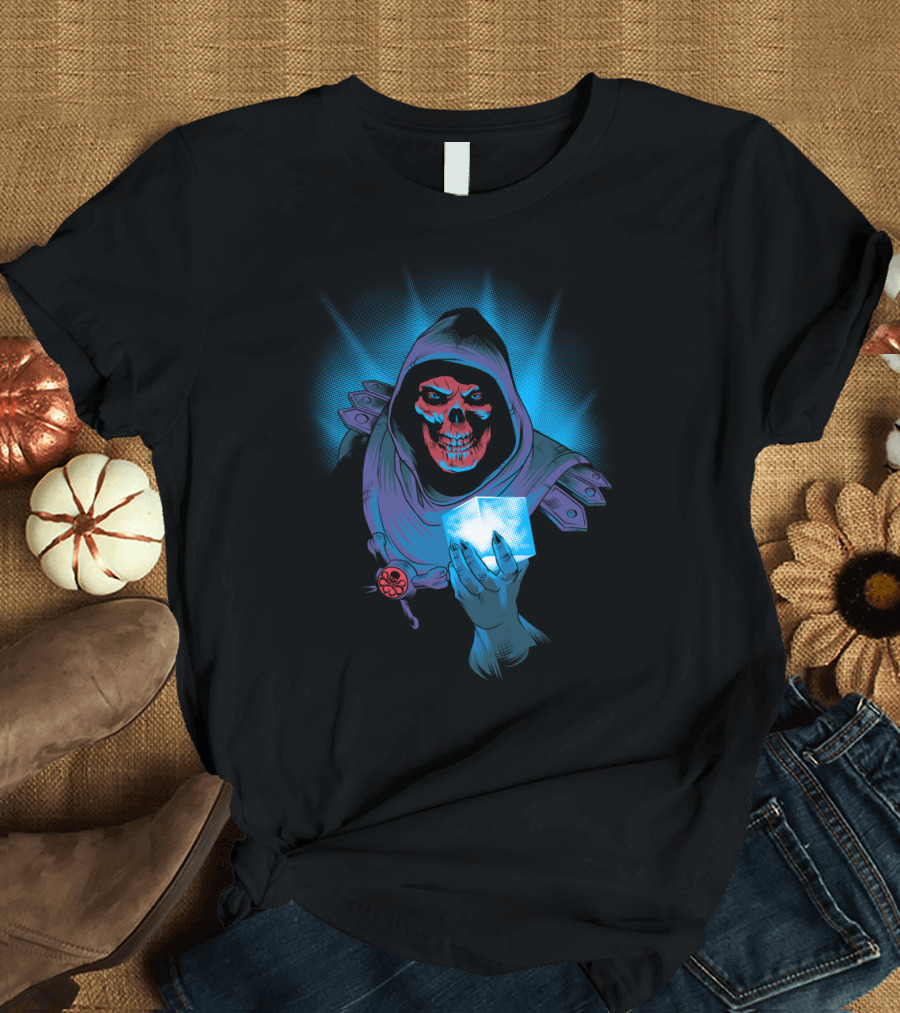 Red Skeletor Holding Cosmic Blue Glowing Cube T-Shirt