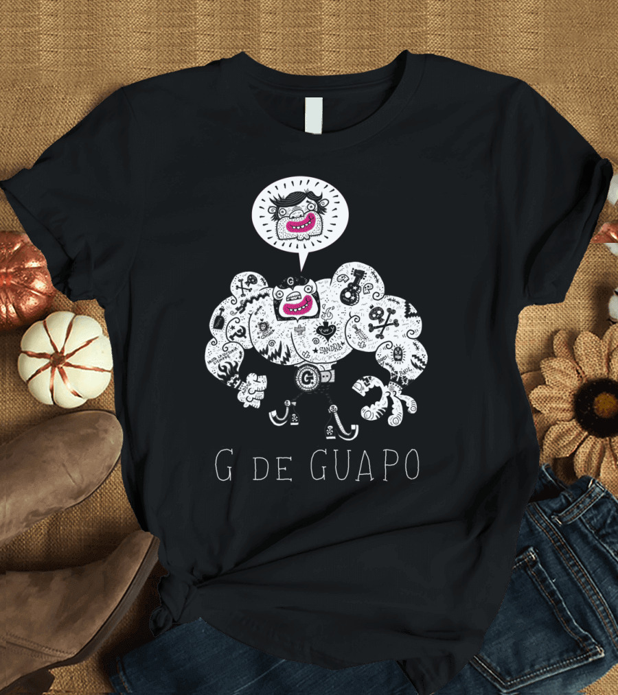 G de Guapo Cartoon Character with Pink Smile and Muscles T-Shirt