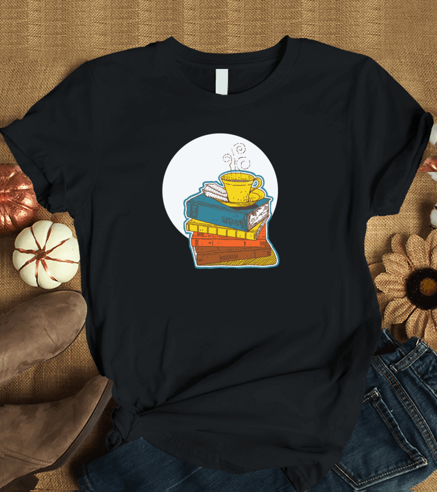 Stack of Colorful Books with Steaming Coffee Cup T-Shirt