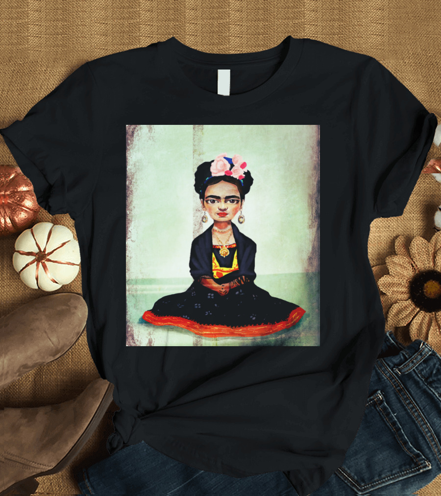Frida Kahlo Iconic Portrait with Flower Crown and Traditional Mexican Dress T-Shirt