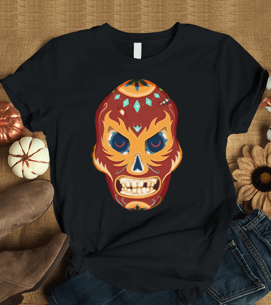 El Luchador Mexican Wrestling Mask Skull Día de los Muertos T-Shirt