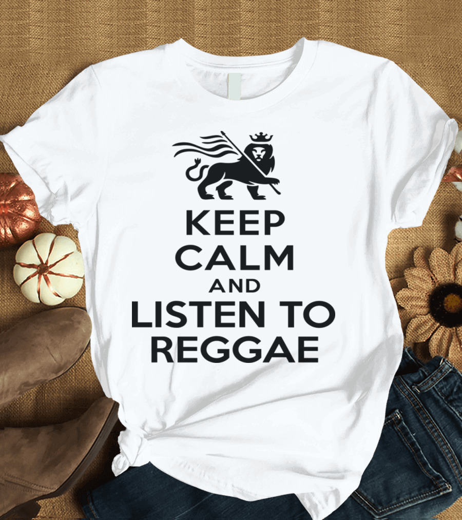 Keep Calm and Listen to Reggae with Crowned Lion Holding Flag T-Shirt
