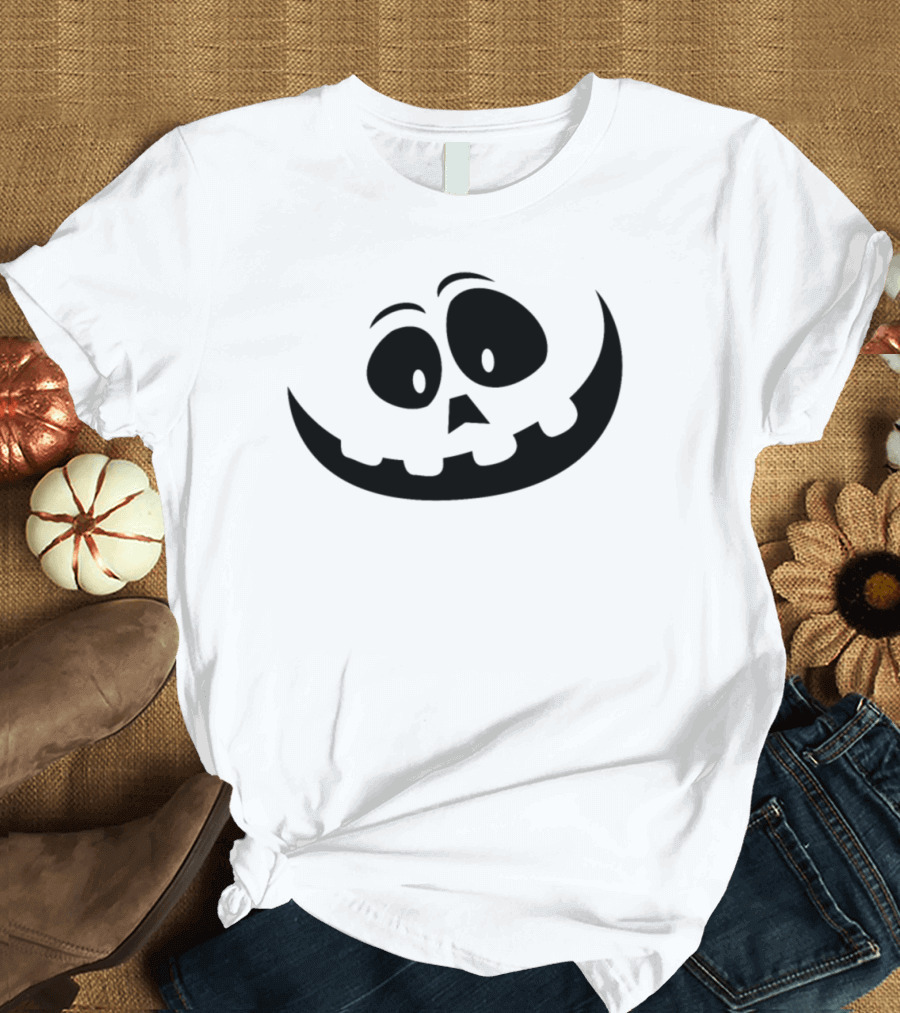 Halloween Carved Pumpkin Face with Big Eyes and Grinning Mouth in Dark T-Shirt