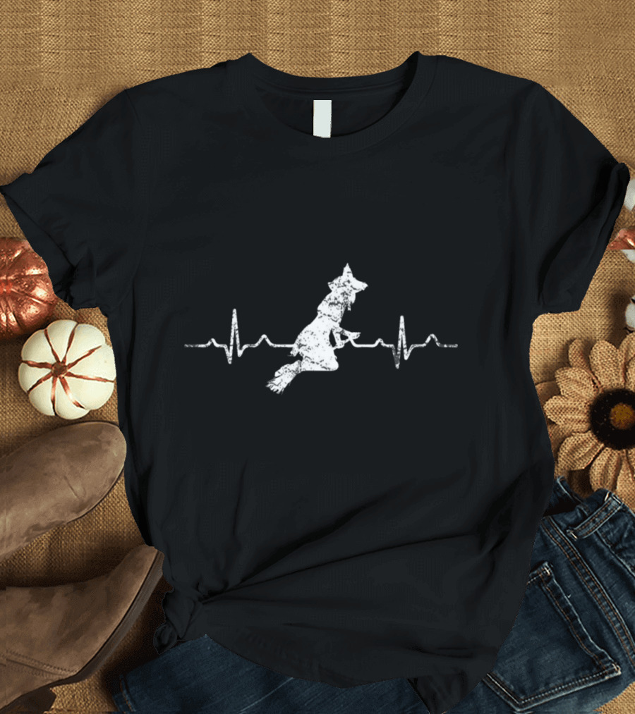 Witch Heartbeat Witch on Broomstick with Electrocardiogram Line T-Shirt