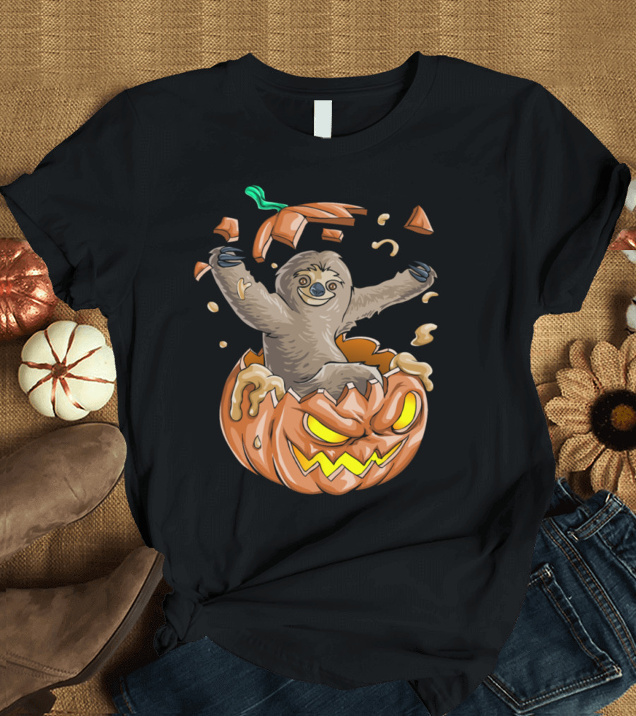 Sloth Emerging from Jack-O'-Lantern Pumpkin Halloween Fun T-Shirt