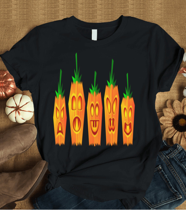 T-Shirt: Five Vertical Halloween Pumpkin Faces with Expressions T-Shirt Five Vertical Halloween Pumpkin Faces with Expressions T-Shirt