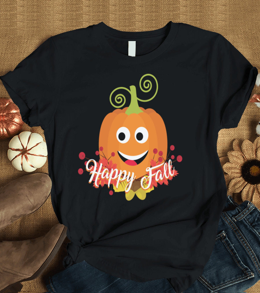 Happy Fall Smiling Pumpkin with Autumn Leaves T-Shirt