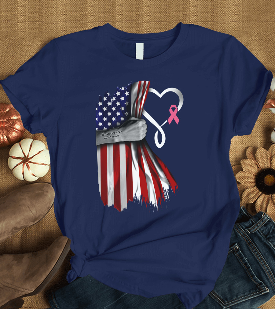 Breast Cancer Awareness American Flag Heart T-Shirt