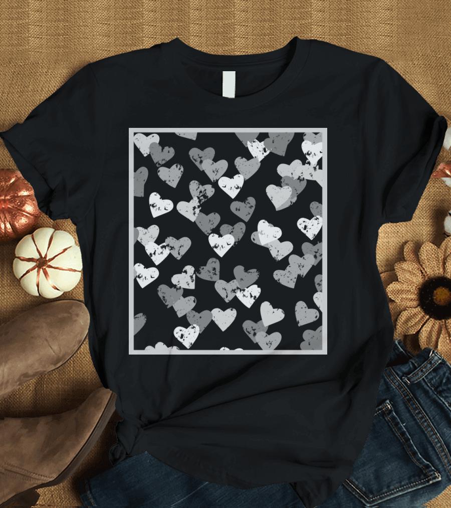 Grey Hearts Pattern with Grunge Texture in Grey Frame T-Shirt