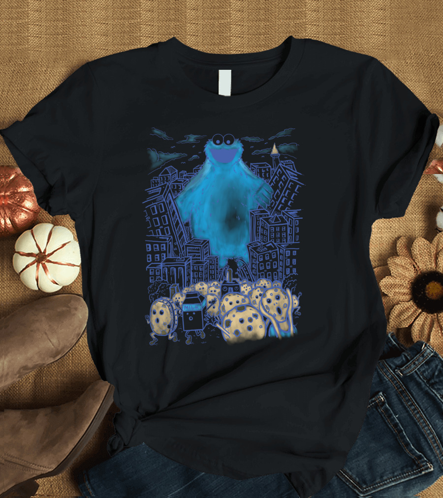 Monster In The City with Blue Furry Creature and Cookie-Themed Characters T-Shirt