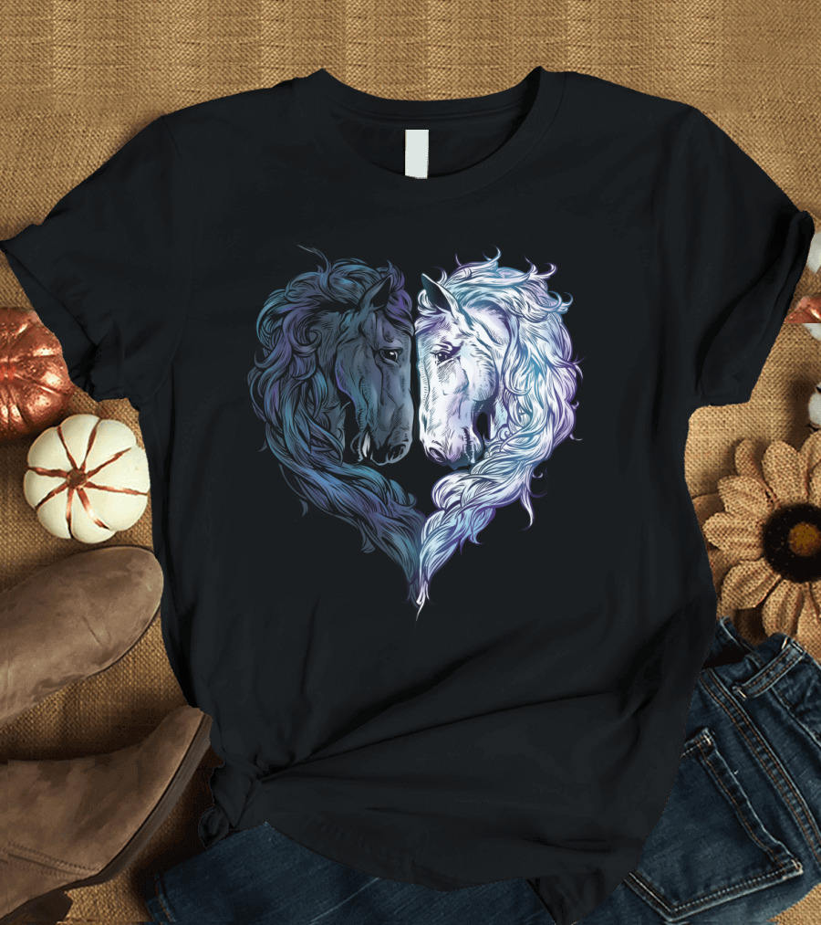 Love Horses Artistic Heart-Shaped Black and White Horse T-Shirt