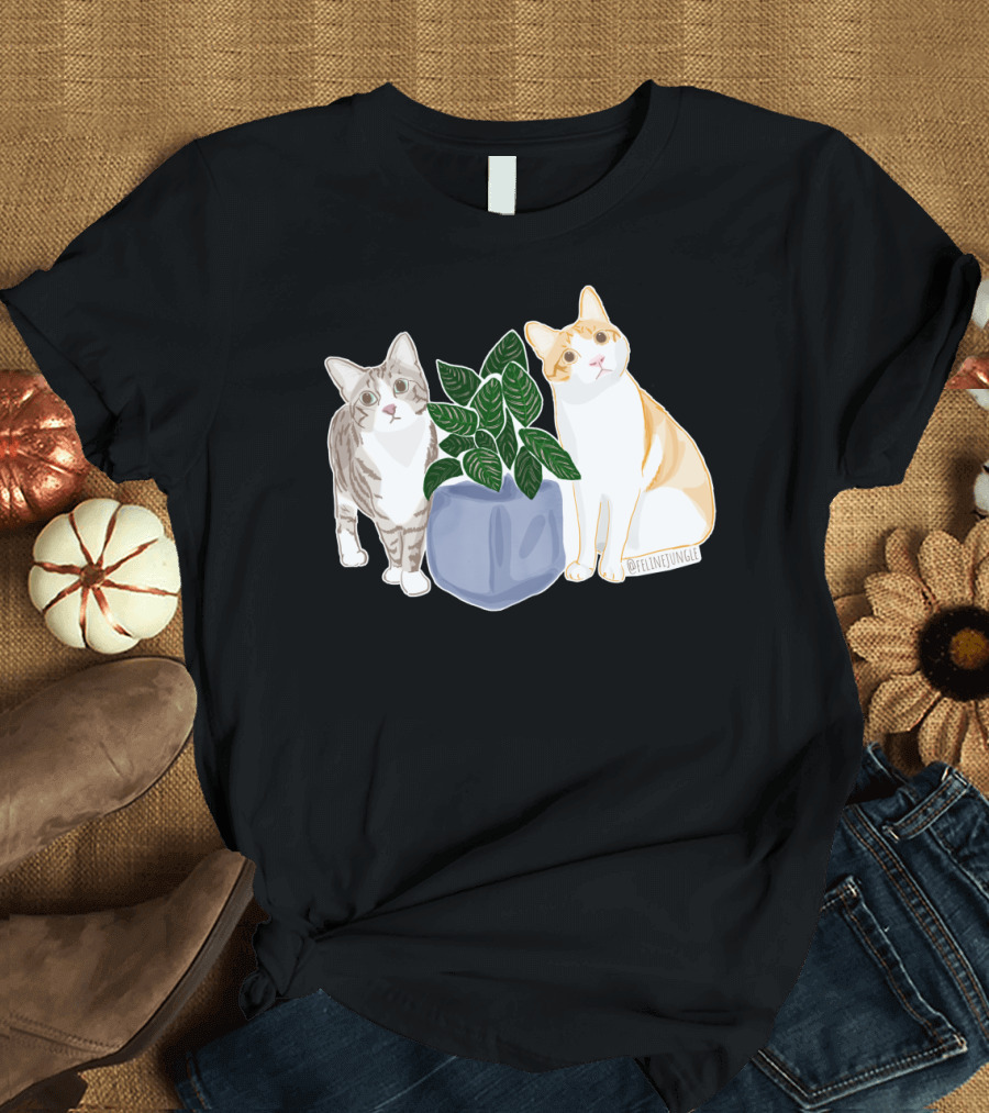 Feline Jungle Calathea Cats with Charming Plant Pot T-Shirt