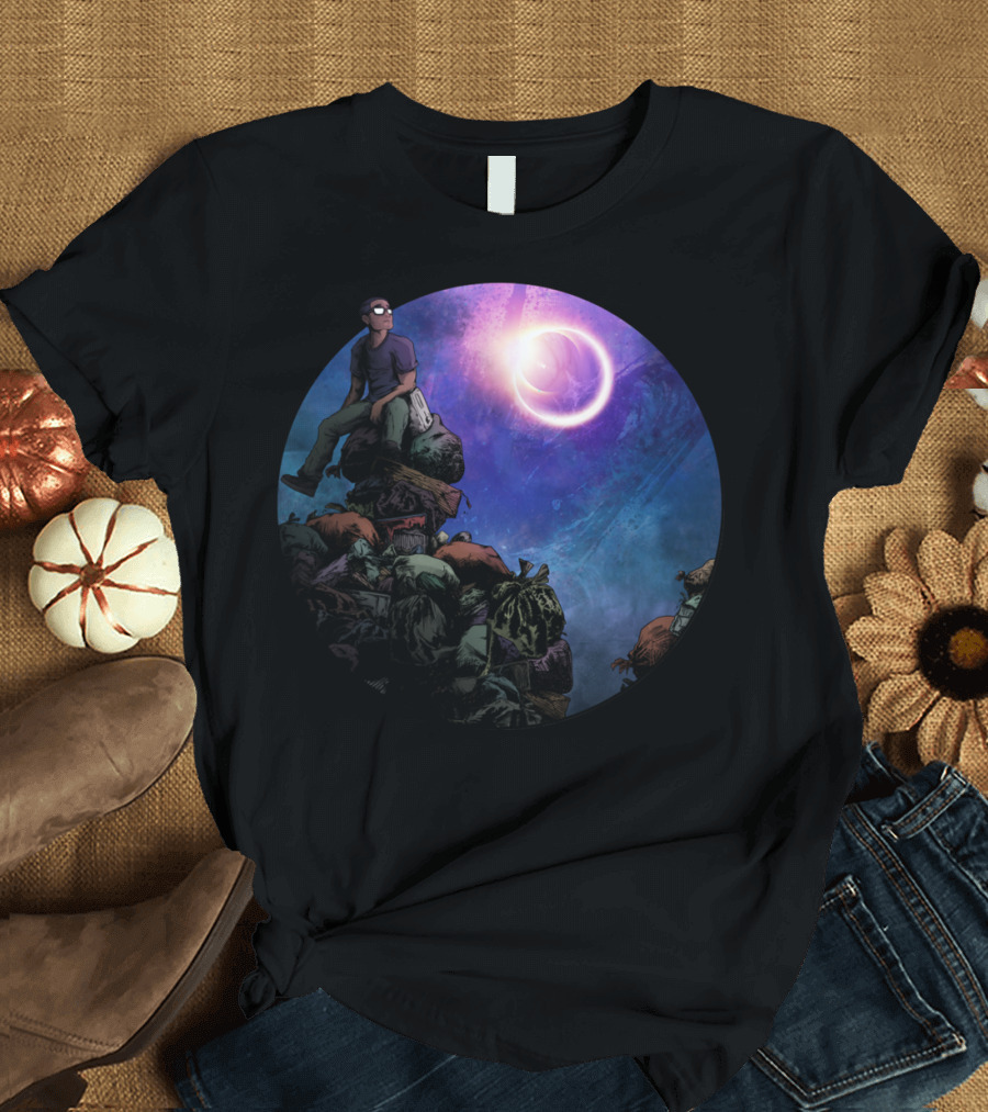 Stargazer on Rocky Summit Under Enigmatic Celestial Aura T-Shirt