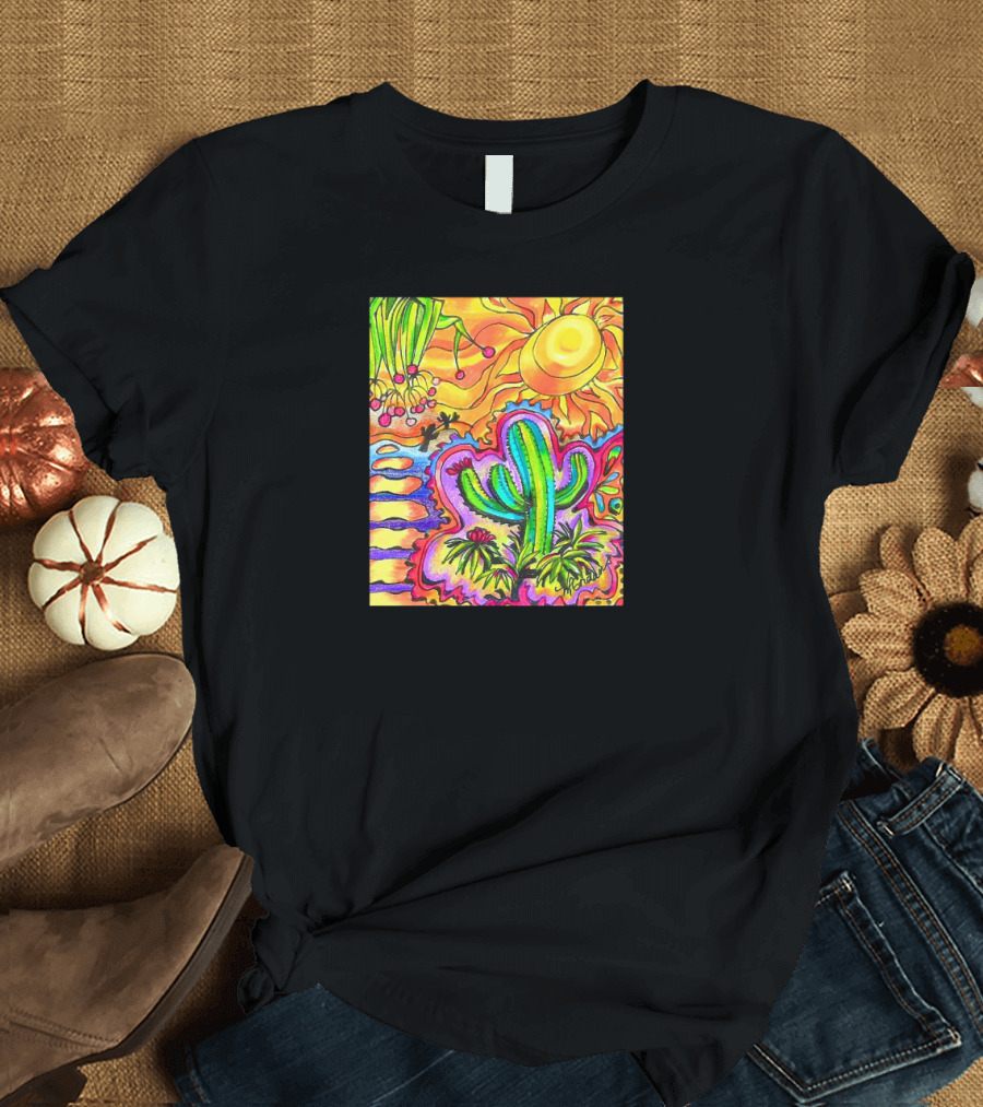 Sunset Neon Cactus Dance with Vibrant Sunburst and Flowing Flora T-Shirt