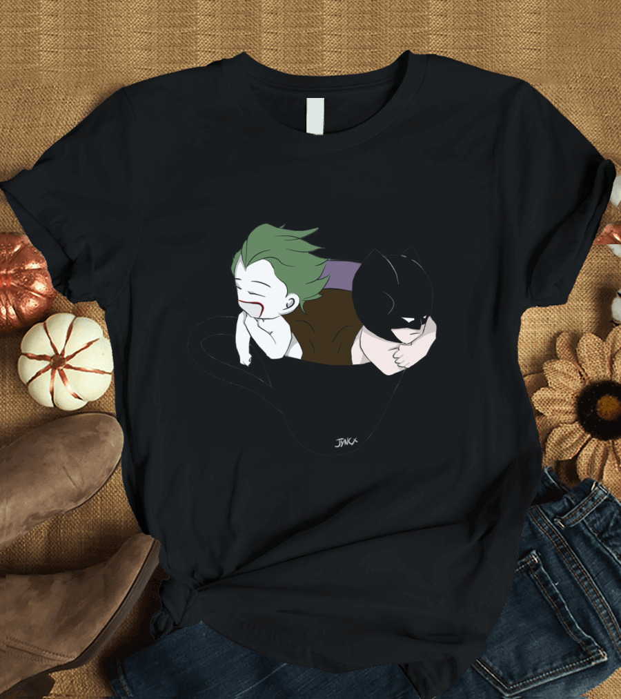 Batjokes Coffee Cup Adventure with Cartoon Joker and Batman Playfully Inside T-Shirt