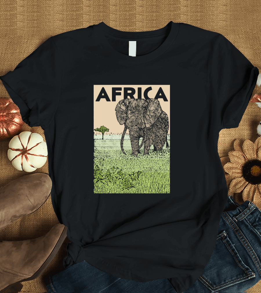 AFRICA Elephant in Grassland Scene with Stylized Tree T-Shirt