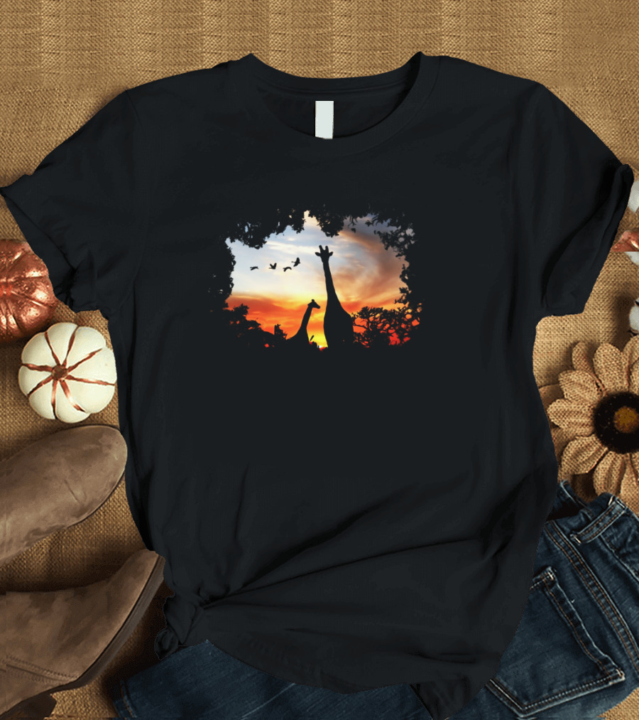 Giraffe Silhouettes Against Vibrant African Sunset with Birds in Flight T-Shirt