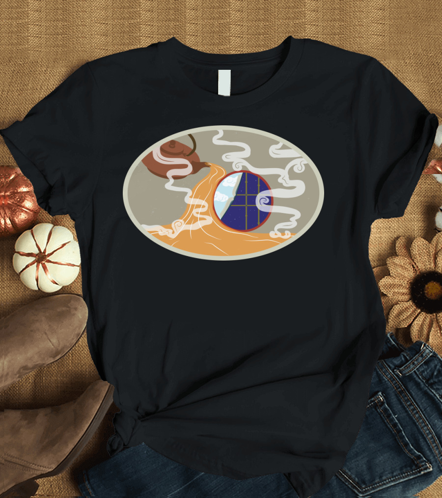 Teapot Pouring with Circular Steam Window Scene T-Shirt