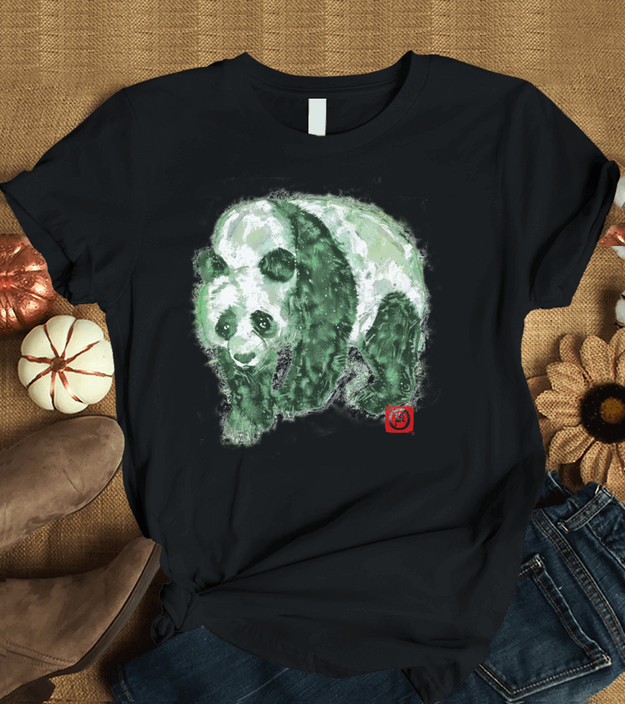 PANDA GREENS WATERCOLOR STYLE WITH ASIAN CALLIGRAPHY SEAL T-Shirt